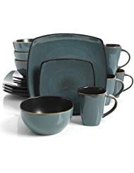 Square Dinnerware Service for 8, Plates Bowls Mugs, 32-Piece Set, Modern Teal & Black