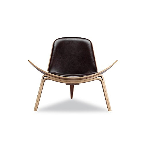Nicer Furniture Hans Wegner Shell Chair in Walnut Finish with Italian Genuine Black Leather