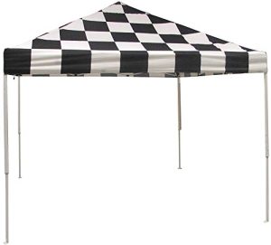 10x10 Straight Leg Pop-up Canopy, Checkered Flag Cover, Black Roller Bag