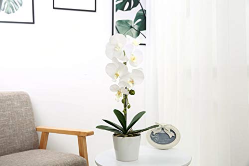JTMall Artificial Flowers White Silk Orchid Arrangement with Ceramic Vase Faux Orchid Plant Table Centerpiece Home/Weeding/Company Decor