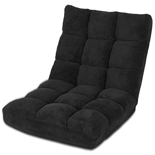 GHP Black Coral Velvet 14-Position Thick Padded Cushion Folding Floor Lazy Chair