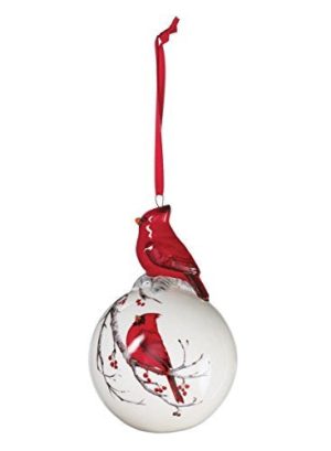 Sullivans - 4.75 White Christmas Tree Ball Ornament with Decorated Red Cardinal on Top and Painted Cardinal on a Branch
