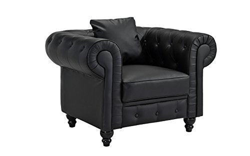 DIVANO ROMA FURNITURE Classic Scroll Arm Tufted Bonded Leather Accent Chair in Colors Black, White (Black)