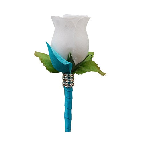 Boutonniere - White Rose with Turquoise / Malibu Petal and Ribbon
