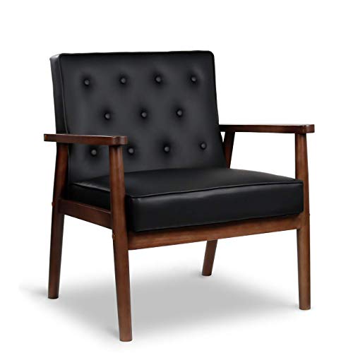 JOYBASE Mid-Century Retro Modern Accent Chair - Wood Frame and PU Leather Upholstered, Arm Chair for Living Room (Black)