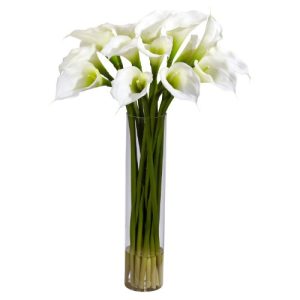 Nearly Natural 1251-CR Calla Lilly with Cylinder Silk Flower Arrangement, Cream