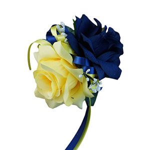 Angel Isabella Wrist Corsage - Navy Blue,yellow, Rose Baby Breath Silk Faux Flower