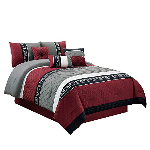 Chezmoi Collection Marcia 7-Piece Burgundy, Black, Gray, White Pleated Striped Diamond Quilted Embroidered Comforter Set, California King Size