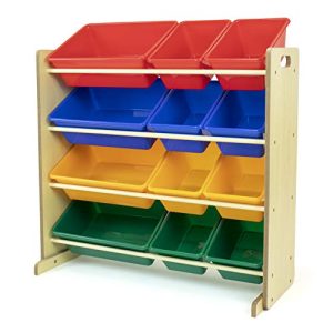 Tot Tutors Kids' Toy Storage Organizer with 12 Plastic Bins, Natural/Primary (Primary Collection)