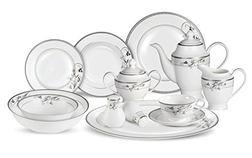 Lorenzo 57 Piece Elegant Bone China Service for 8 Viola Dinnerware Sets, Silver