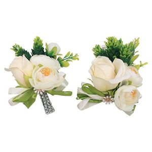Abbie Home Wrist Corsage and Boutonniere Set for Prom Party Real Touch White Rose Succulents Flowers (WDBD510)