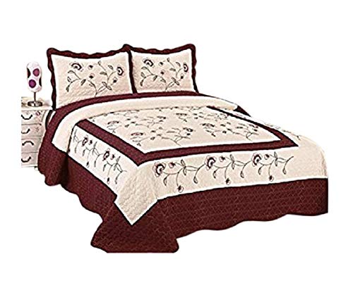 3pc Beige / Burgundy High Quality Fully Quilted Embroidery Bedspread Bed Coverlets Cover Set , Queen King