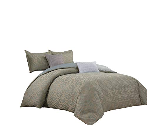 Chezmoi Collection Desmond 5-Piece Clip Jacquard Geometric Textured Comforter Set - Soft Taupe and Teal - King Size