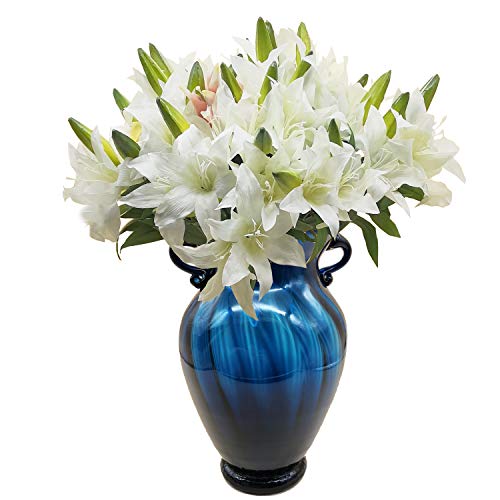 cn-Knight Artificial Flower 6pcs 22'' Silk Lily Spray Long Stem Lilium with 2 Blossoms and 1 Bud Faux Flower for Wedding Bridal Bouquet Bridesmaid Home Décor Office Baby Shower Centerpiece(White)