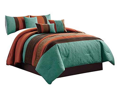 HGS 7-Pc Adrian Geometric Floral Olive Wreath Leaves Embossed Embroidery Pleated Comforter Set Teal Rust Brown Mocha King