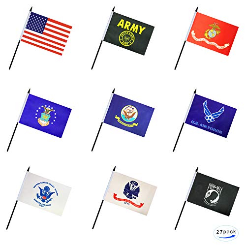 27 Pack Military Armed Forces Stick Flag Small Mini US Army Gold Crest Marine Corps Navy Air Force Coast Guard POW MIA Flags Party Decorations
