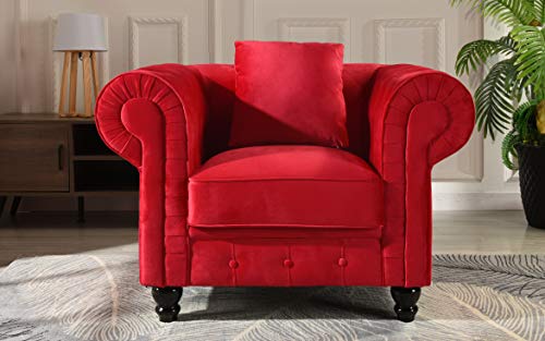 Classic Scroll Arm Large Velvet Living Room Chesterfield Accent Chair (Red)