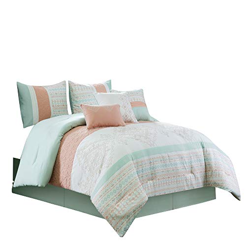 Chezmoi Collection Laura 7-Piece Coral Mint Geometric Embroidered Pleated Striped Comforter Set, Queen
