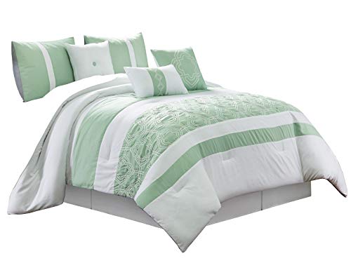 HGS 7-Piece Amina Comforter Set Bedding|Trellis Quatrefoil Latice Embroidery Stripe|Green White|King Size