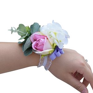 Abbie Home Pink Rose Wrist Corsage for Prom Wedding Party White Peony Flower Wristbands Hand Flower