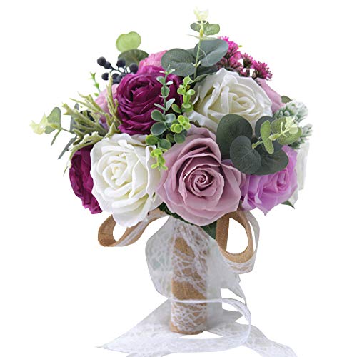 Abbie Home 10 Bride Bouquets -Artificial Wedding Flower Real Touch Rose Peony Holding Bouquet - Line Lace Bow Décor (Purple+Lavender)