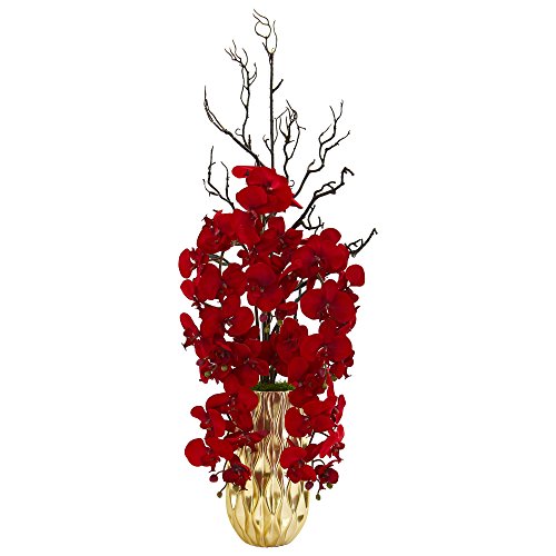 Nearly Natural 1658 Red Phalaenopsis Orchid Artificial Gold Vase Silk Arrangements