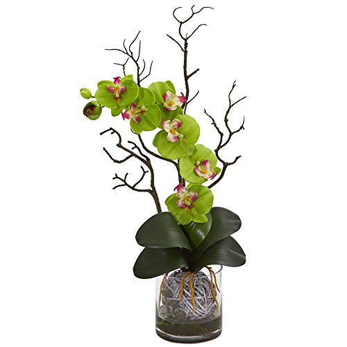 Nearly Natural 1600-GR Phalaenopsis Orchid Artificial Vase Silk Arrangements Green