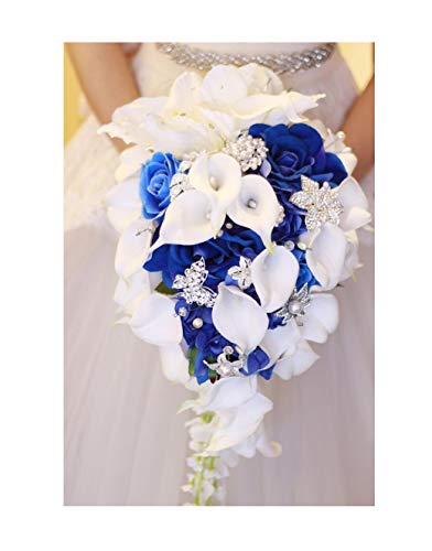 Waterfall Red Wedding Flowers Bridal Bouquets Artificial Pearls Crystal Wedding Bouquets Bouquet De Mariage Rose,Royal Blue