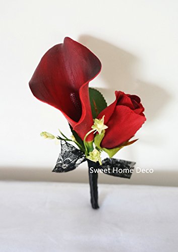 Sweet Home Deco Silk Rose Latex Calla Lilies Wedding Bridal Bridesmaid Bouquet Wrist Corsage Pin Boutonniere in Red/Black (Red/Black-Boutonniere)