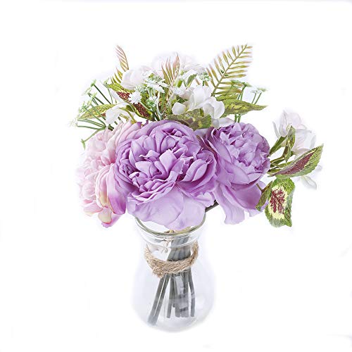 MARLLES Real Touch Artificial Bridal Peony Bouquet in Lavender and Pink, Faux Rose Flowers Wedding Bouquets for Bridesmaids Party Home Decor - 11.5 Tall-Purple
