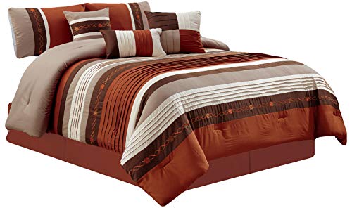 7-Pc Kenneth Pleated Stripe Frequency Wave Helix Embroidery Comforter Set Rust Orange Beige Tan Brown Queen