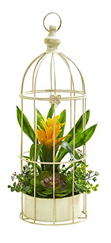 Artificial Flowers -19 Inch Bromeliad Succulent Yellow Arrangement-Bird Cage