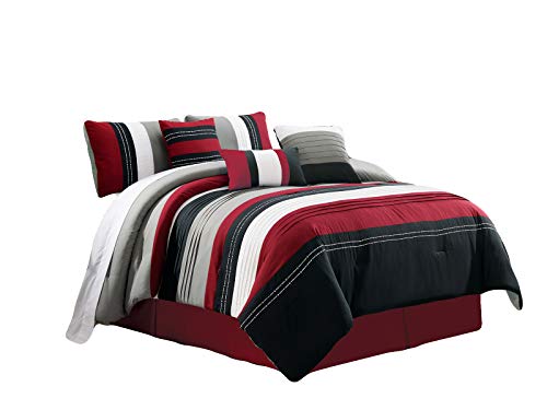 HGS 7-Pc Jordan Embroidery Pleated Stripe Lines Comforter Set Burgundy Black White Gray Queen