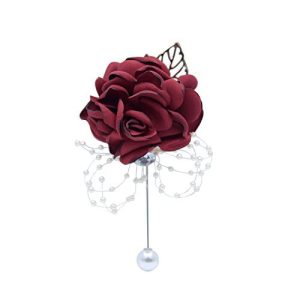 Abbie Home Classic Boutonnière for Prom Party Wedding Ball Event Blooming Rose Rhinestone Pearl Decent Brooch Pin for Suit Dress (Burgundy)