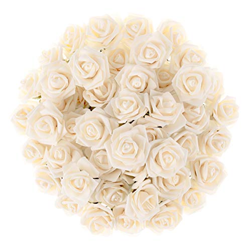 Pure Garden Artificial Roses with Stems Real Touch Fake Flowers for Home Decor, Wedding, Bridal/Baby Shower, Centerpiece, More, 50 Pc Set, Cream