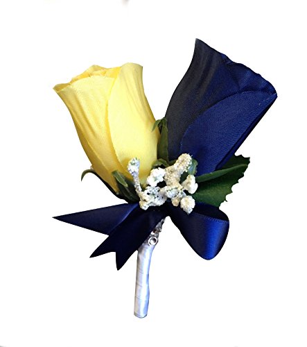 Boutonniere - Navy Blue Rose with Yellow Rose Boutonniere with Pin for Prom, Party, Wedding