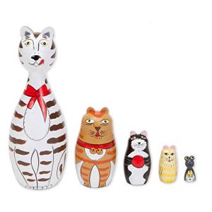Bits and Pieces - Cleo & Friends Nesting Cats-Hand Painted Wooden Nesting Dolls Matryoshka - Set of 5 Dolls from 7 Tall with Gift Box
