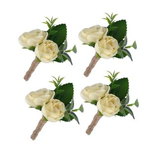 YSUCAU Handcrafted Boutonniere with Pin for Men Wedding, Brooch Bouquet Corsage Classic Artificial Groom Groomsmen Bride Silk Flowers for Wedding Prom Party 4 Pcs (Ivory-4pk)