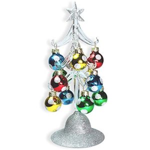 BANBERRY DESIGNS Glass Christmas Tree - LED Lighted Silver Glitter Tree with 12 Colorful, Removable Ball Ornaments - 8 1/4 Tabletop Tree