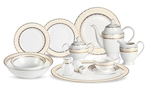 Lorenzo 57 Piece Elegant Bone China Service for 8 Margaret Dinnerware Sets, Gold