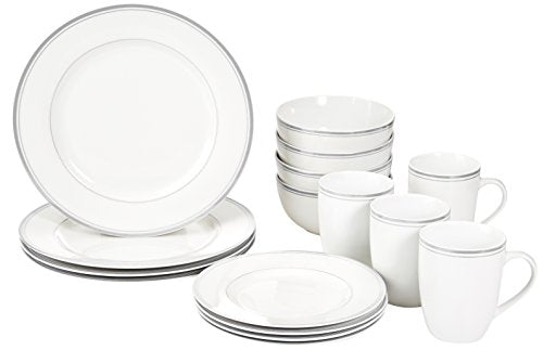AMZ 16-Piece Cafe Stripe Kitchen Dinnerware Set, Plates, Bowls, Mugs, Service for 4, Grey
