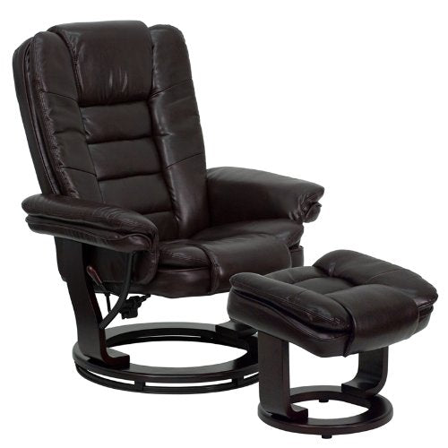 Flash Furniture Contemporary Brown Leather Recliner and Ottoman with Swiveling Mahogany Wood Base