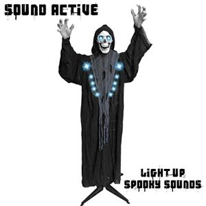 JOYIN Life Size Standing Animated Grim Reaper with LED Lights for Halloween Indoor and Outdoor Decoration