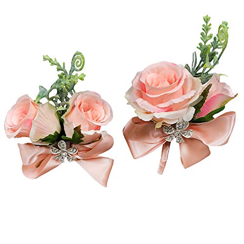Abbie Home Rose Buds Rhinestone Jewelry Wrist Corsage Boutonniere Set for Suit Bow Décor for Party Wedding (Blush Pink)
