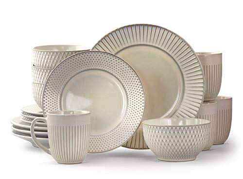 Elama Market Finds 16 Piece Round Stoneware Dinnerware Set in Embossed White