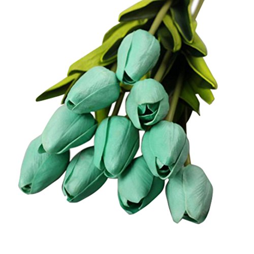 Outtop 10PCS / LOT 13.8 Inch Mini Tulip Single Stem Artificial Flowers Bouquets Real Touch Fake Flowers for Decoration 10 heads (Mint Green)