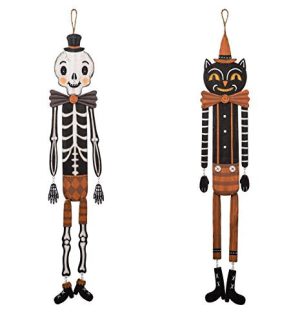 Transpac Halloween Skeleton & Black Cat 37 Wood Dangling Door Decor Vintage-style New