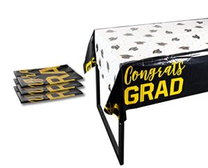 Plastic Table Covers - 3-Pack Congrats Grad Graduation Party Supplies Disposable Plastic Tablecloth, White, Black and Gold, 54 x 108 Inches