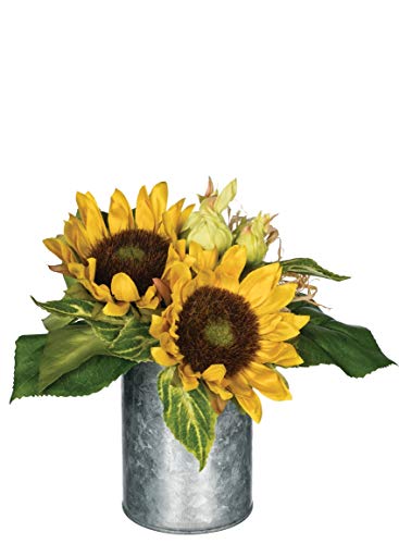 Artificial Potted Sunflowers in Galvanized Metal Can, 9