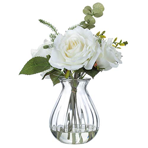 OakRidge Illusion Glass White Rose Floral Arrangement - Artificial Home Décor Centerpiece and Gift - 11 High x 8 Diameter